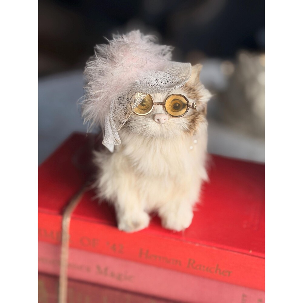 Vintage Real Fur Cat Figurine with Glasses & Hat | Rabbit Fur Kitten
